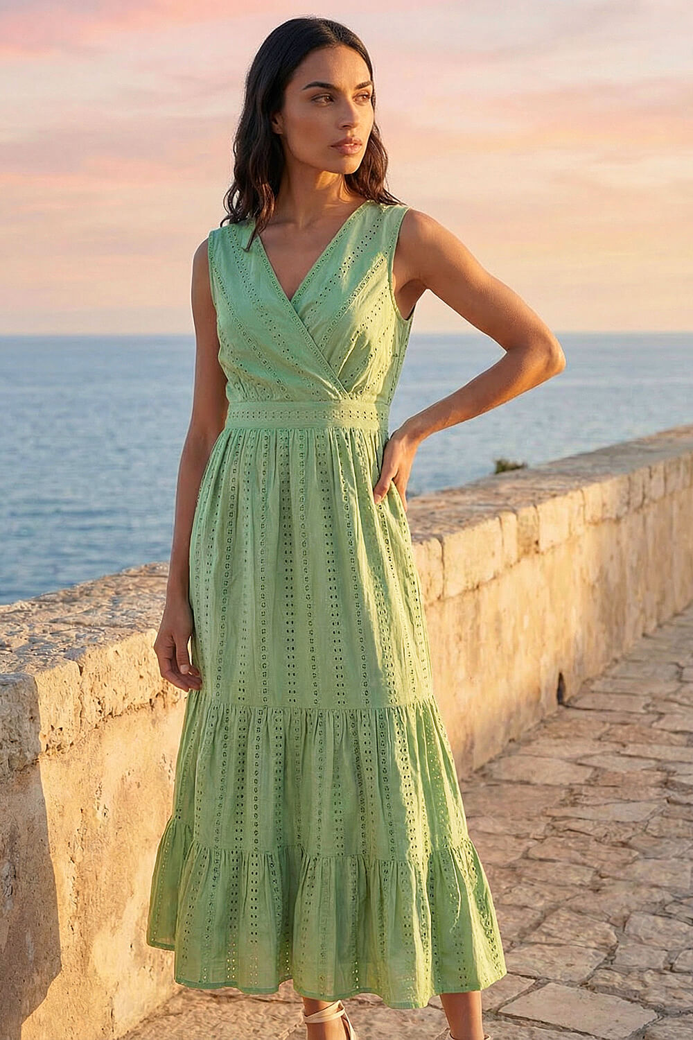 Green Embroidered V-Neck Midi Dress, Image 3 of 4