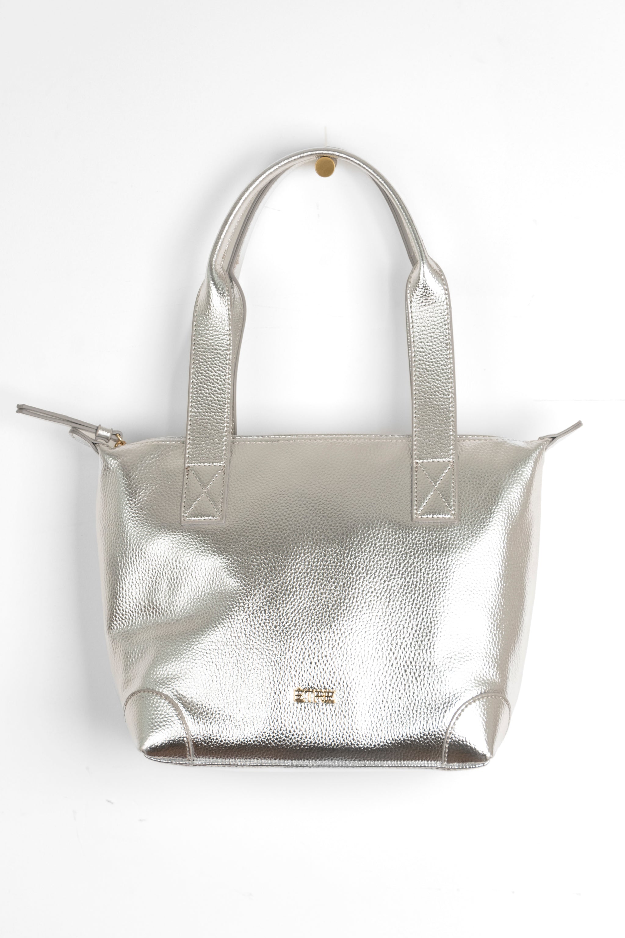 Silver Medium Metallic Faux Leather Tote Bag, Image 2 of 3
