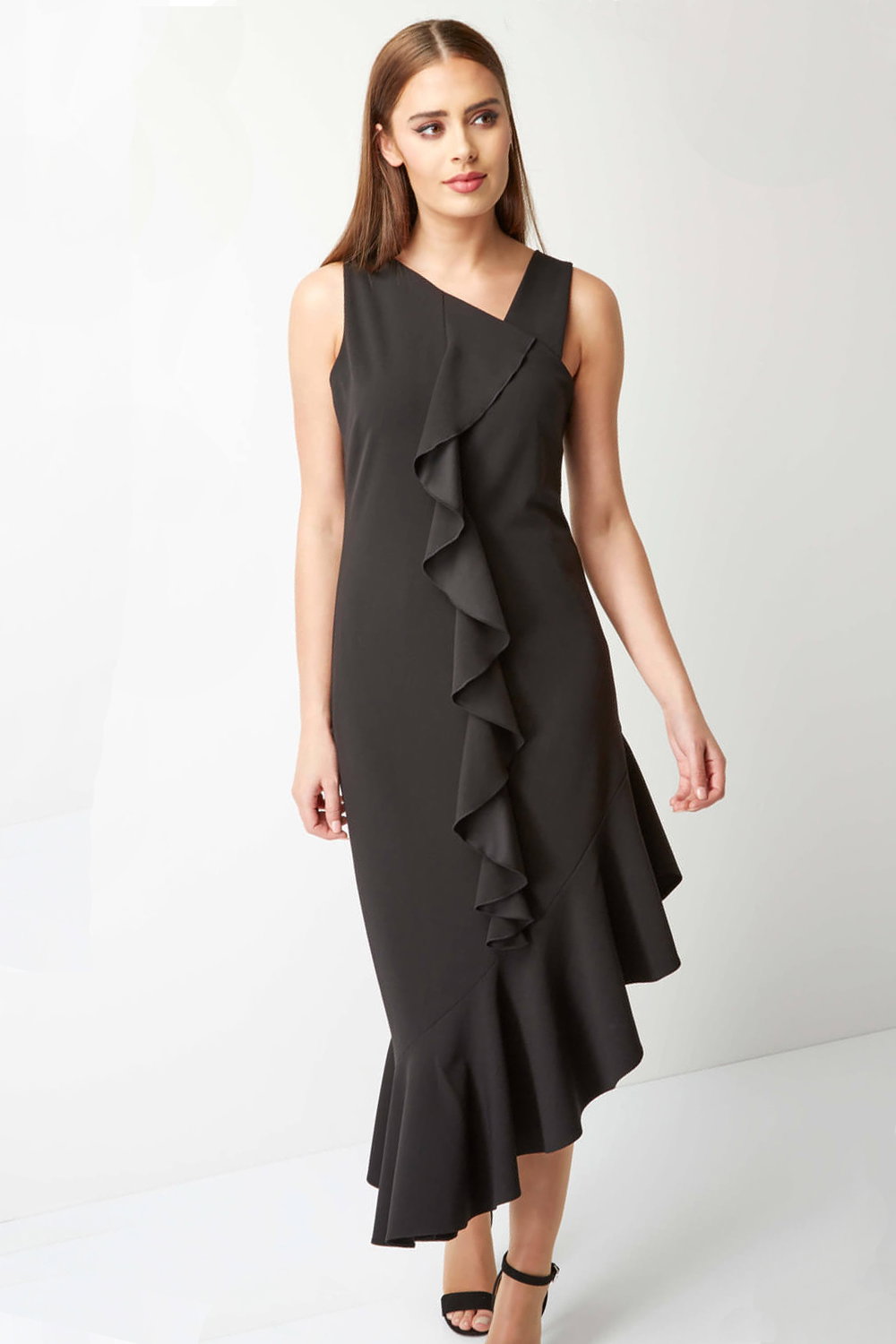 Black Asymmetric Hem Ruffle Dress, Image 3 of 6