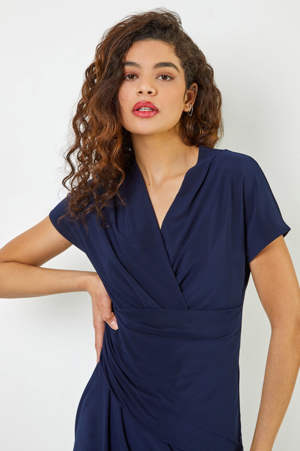 Navy  Ruched Front Midi Wrap Dress, Image 5 of 4