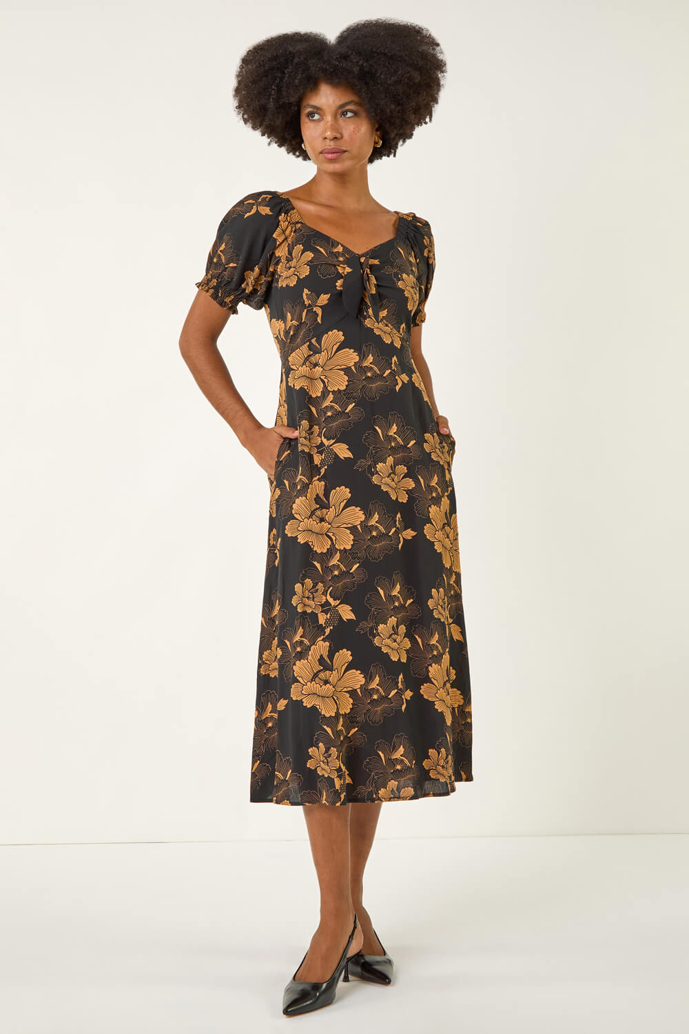 Amber Floral Print Ruched Midi Dress, Image 3 of 5