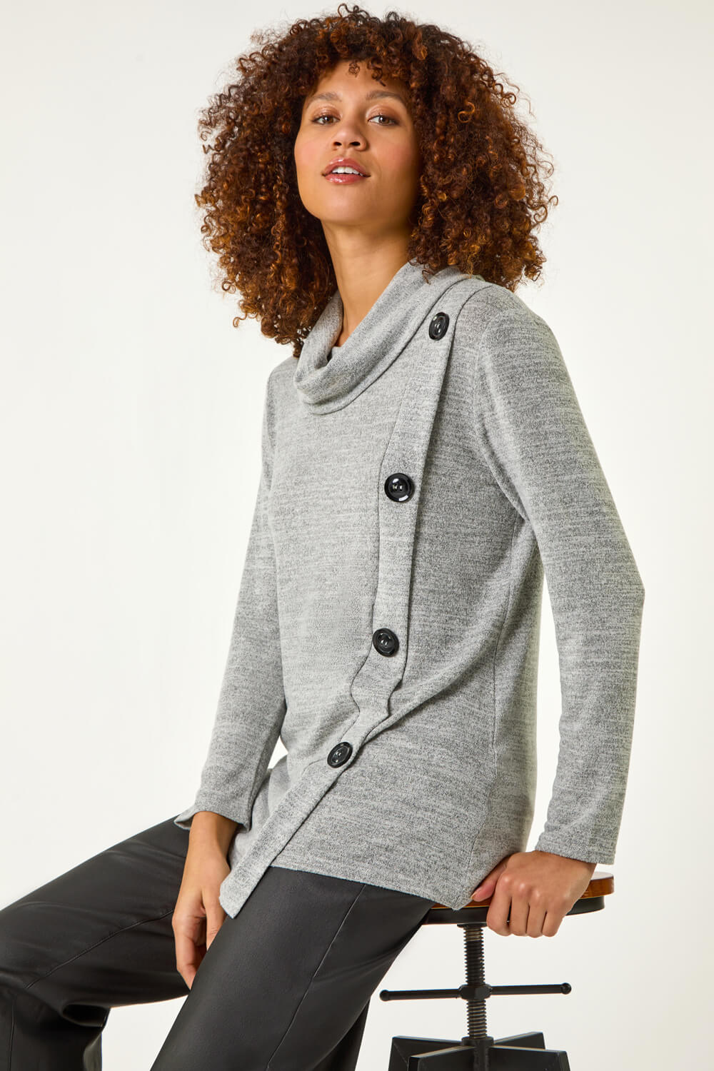 Grey Cowl Neck Button Stretch Top, Image 1 of 5