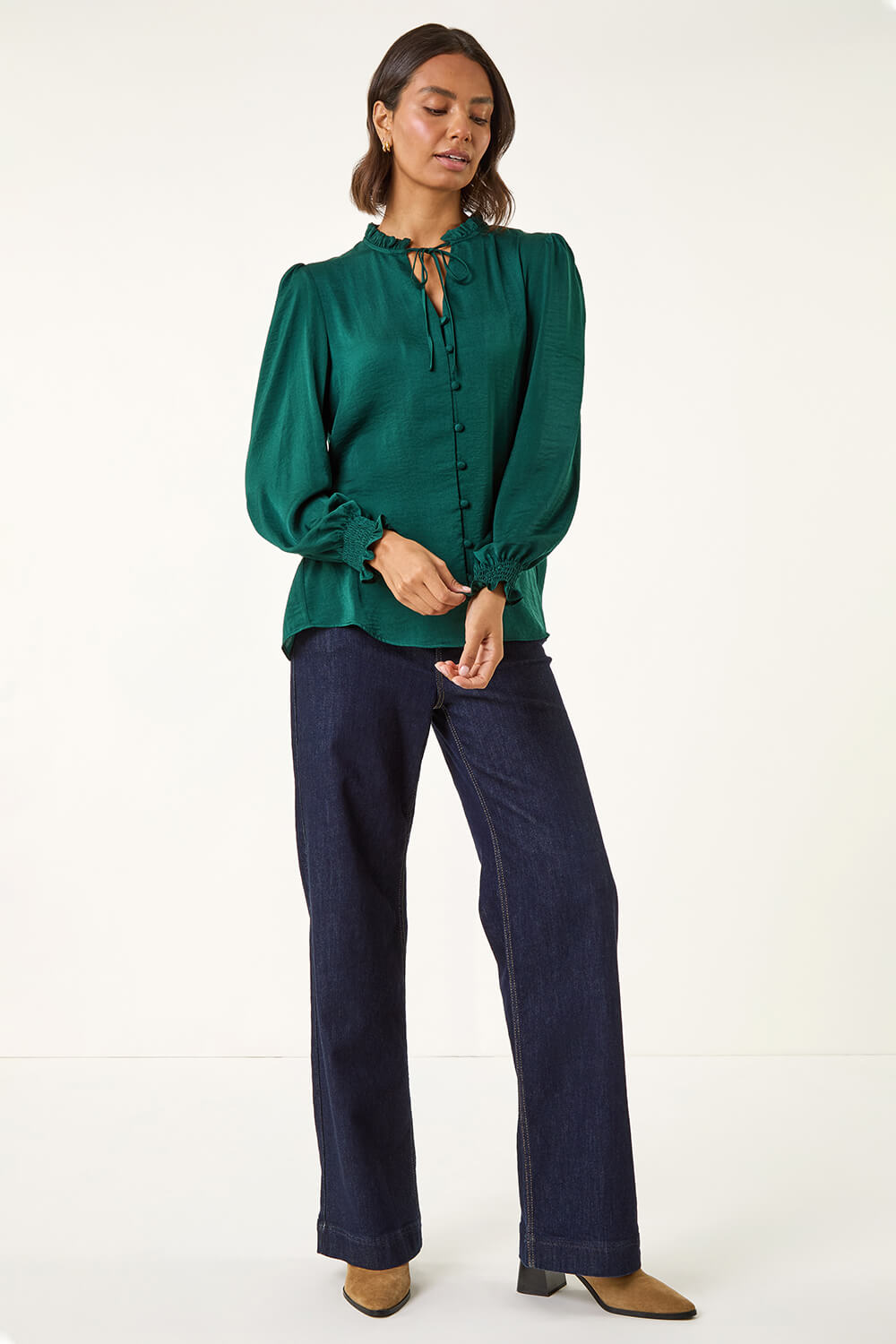 Green Ruffle Front Tie Neck Blouse, Image 3 of 5