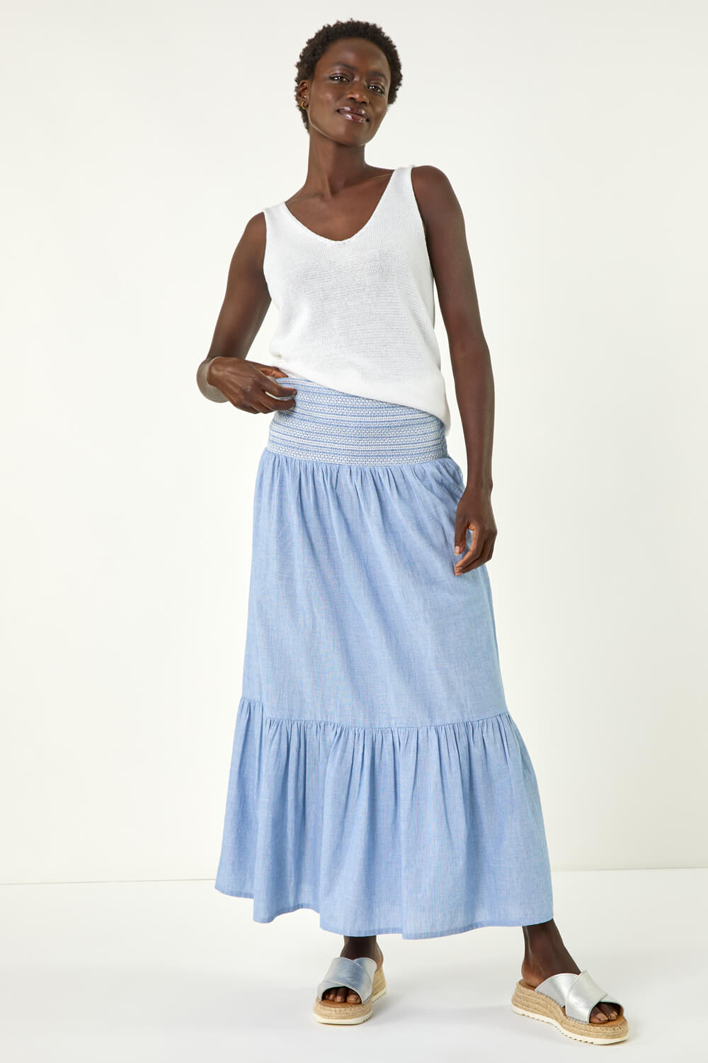 Blue Shirred Tiered A-Line Skirt, Image 4 of 5