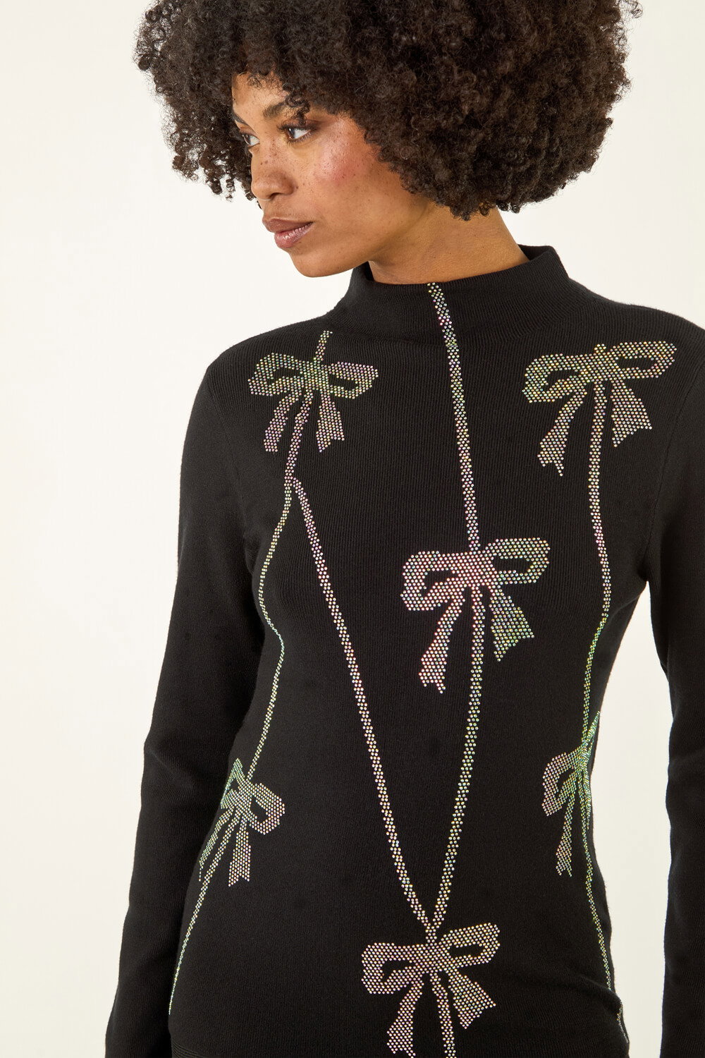 Black Diamante Bow High Neck Knit Jumper, Image 6 of 6