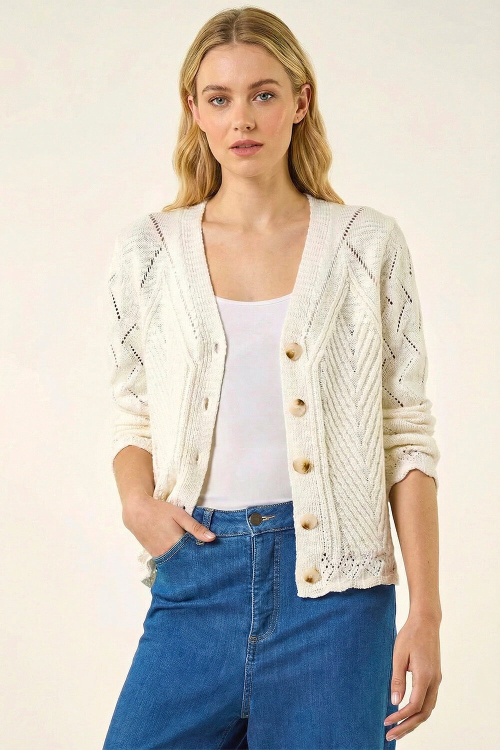 Ivory  Scallop V-Neck Knit Cardigan, Image 5 of 5