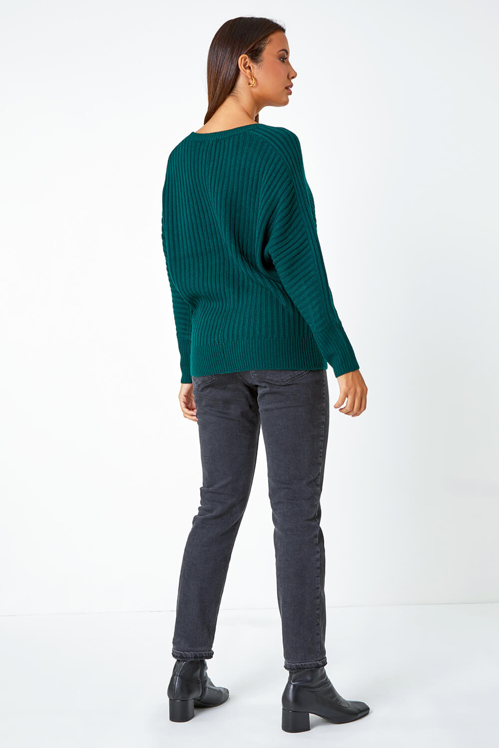 Green Ribbed Geometric Print Batwing Jumper, Image 4 of 5
