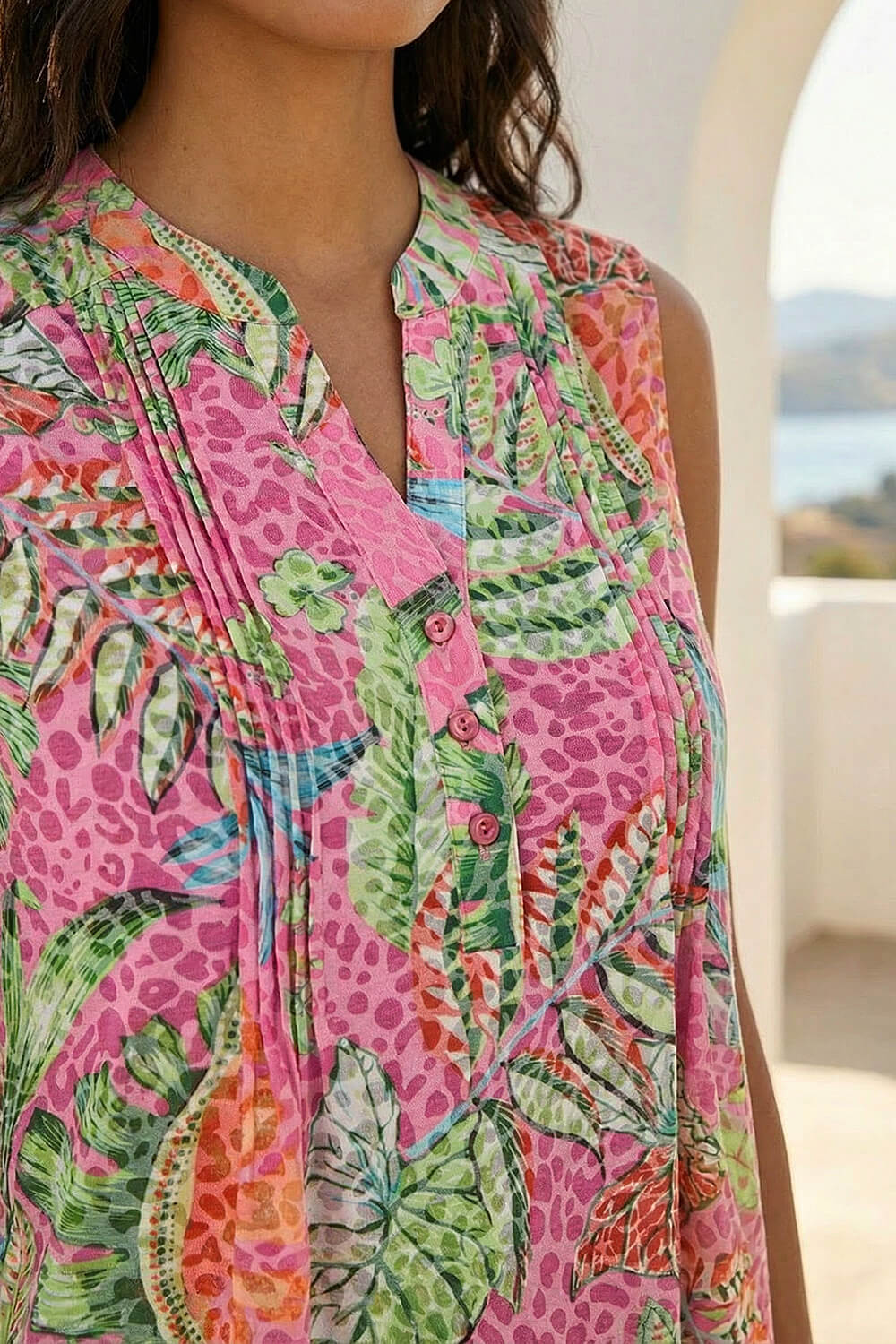 Rose Tropical Leaf Print Pintuck Top | Roman UK