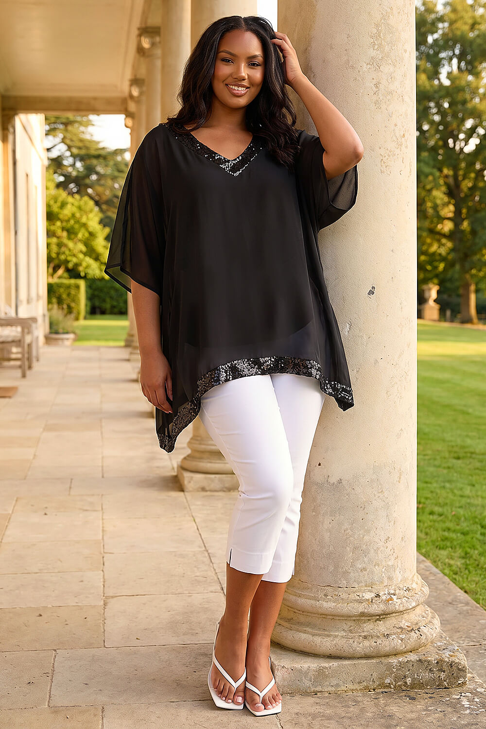 Black Curve Sequin Trim V-Neck Kaftan, Image 4 of 4