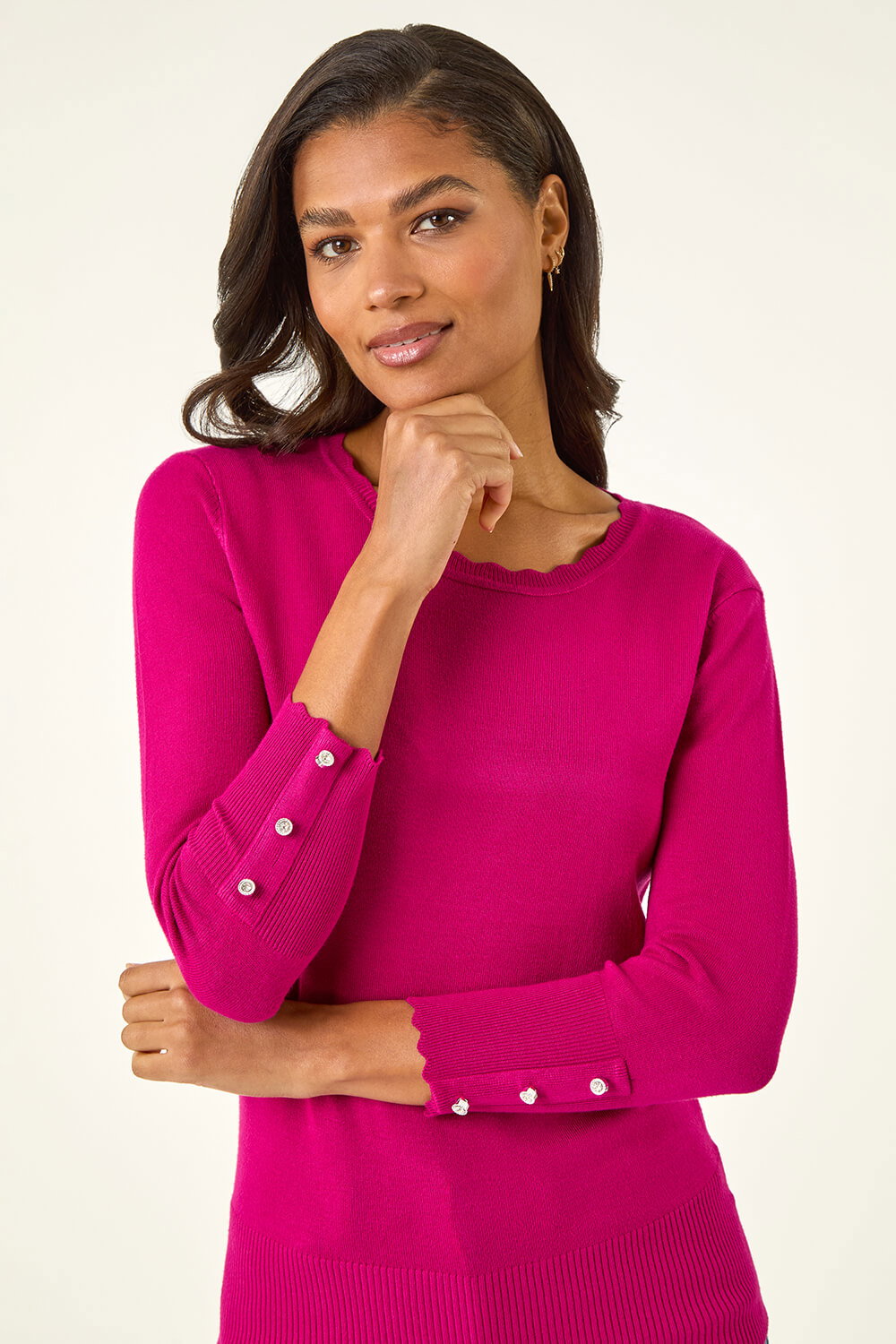 Fuchsia Sparkly Diamante Button Scallop Edge Jumper, Image 5 of 5