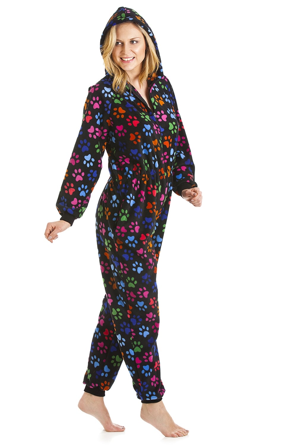 Black Camille Lingerie Black All In One Paw Print Hooded Fleece Onesie, Image 3 of 5