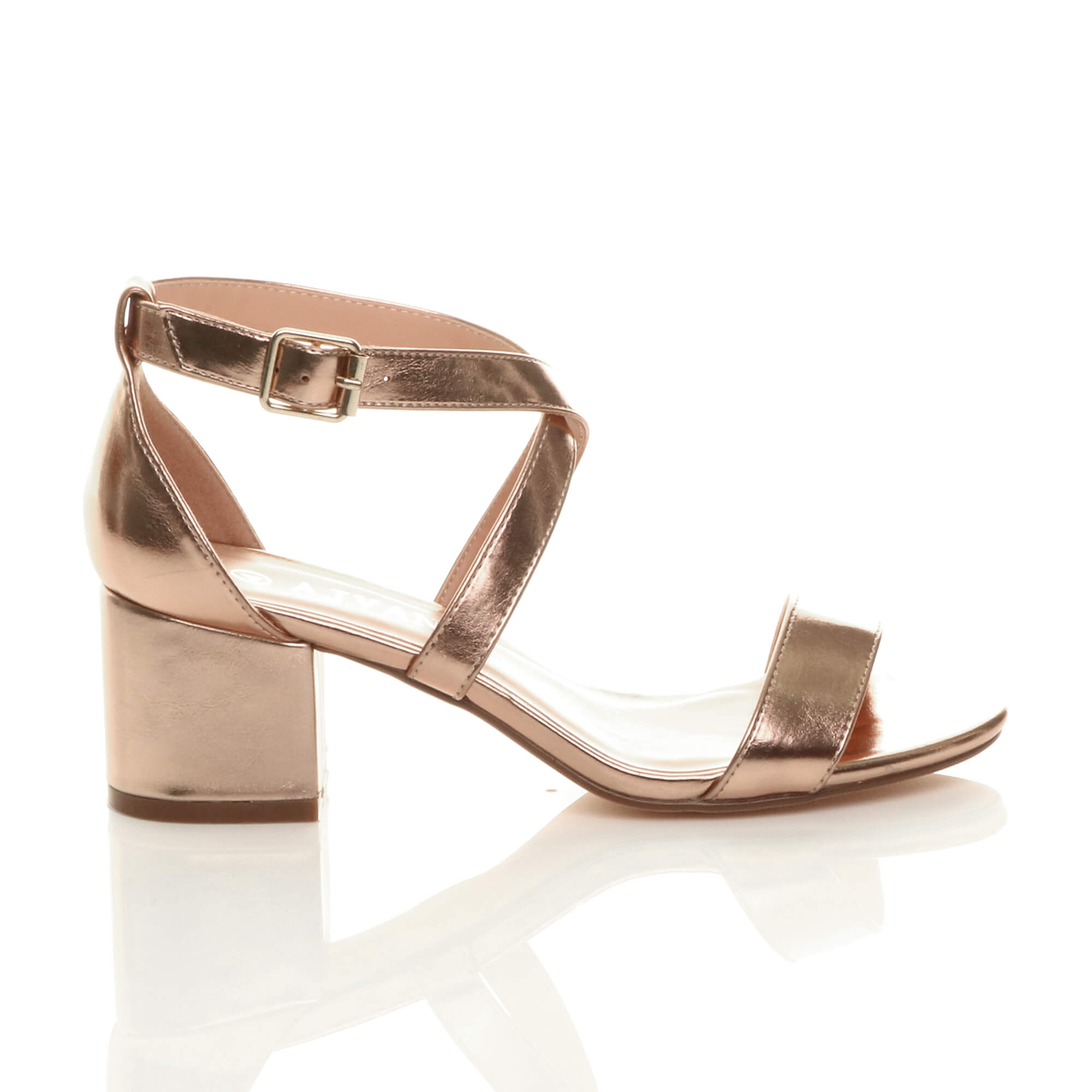 Rose Gold AJVANI Rose Gold Mid Block Heel Crossed Straps Sandals, Image 2 of 6