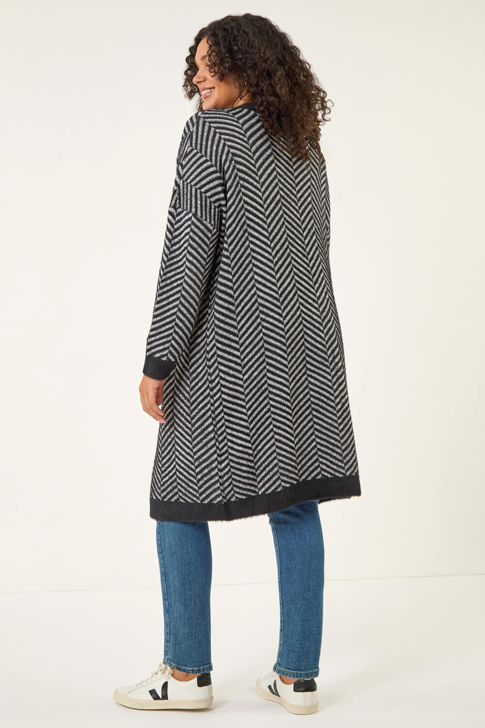 Black Curve Chevron Fluffy Knit Cardigan, Image 4 of 5