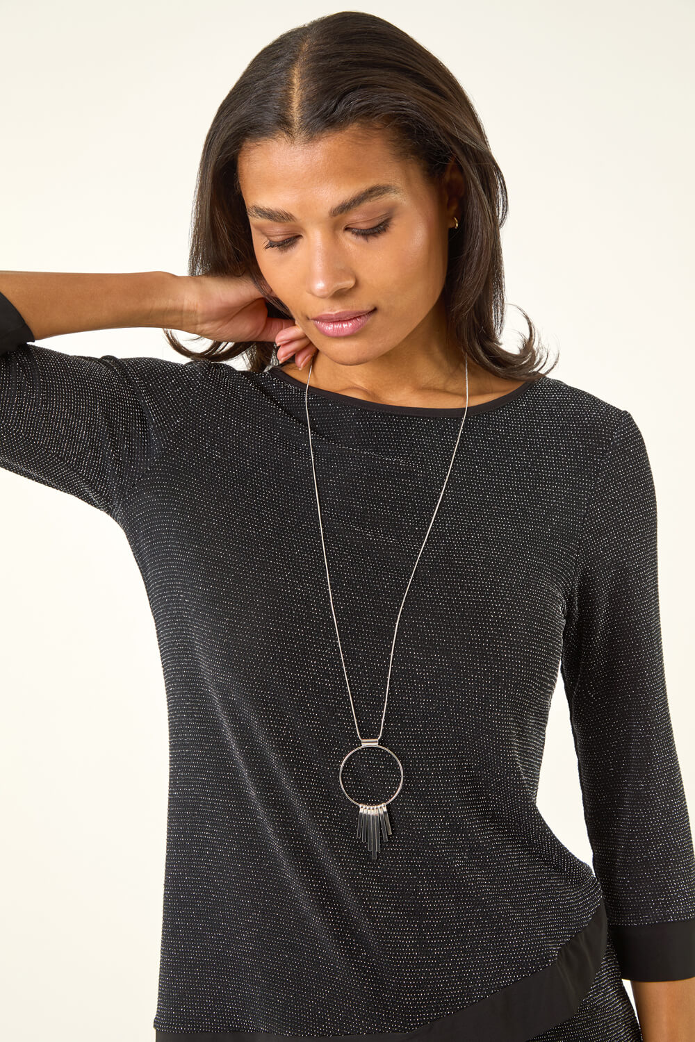 Black Necklace Trim Shimmer Top, Image 5 of 5