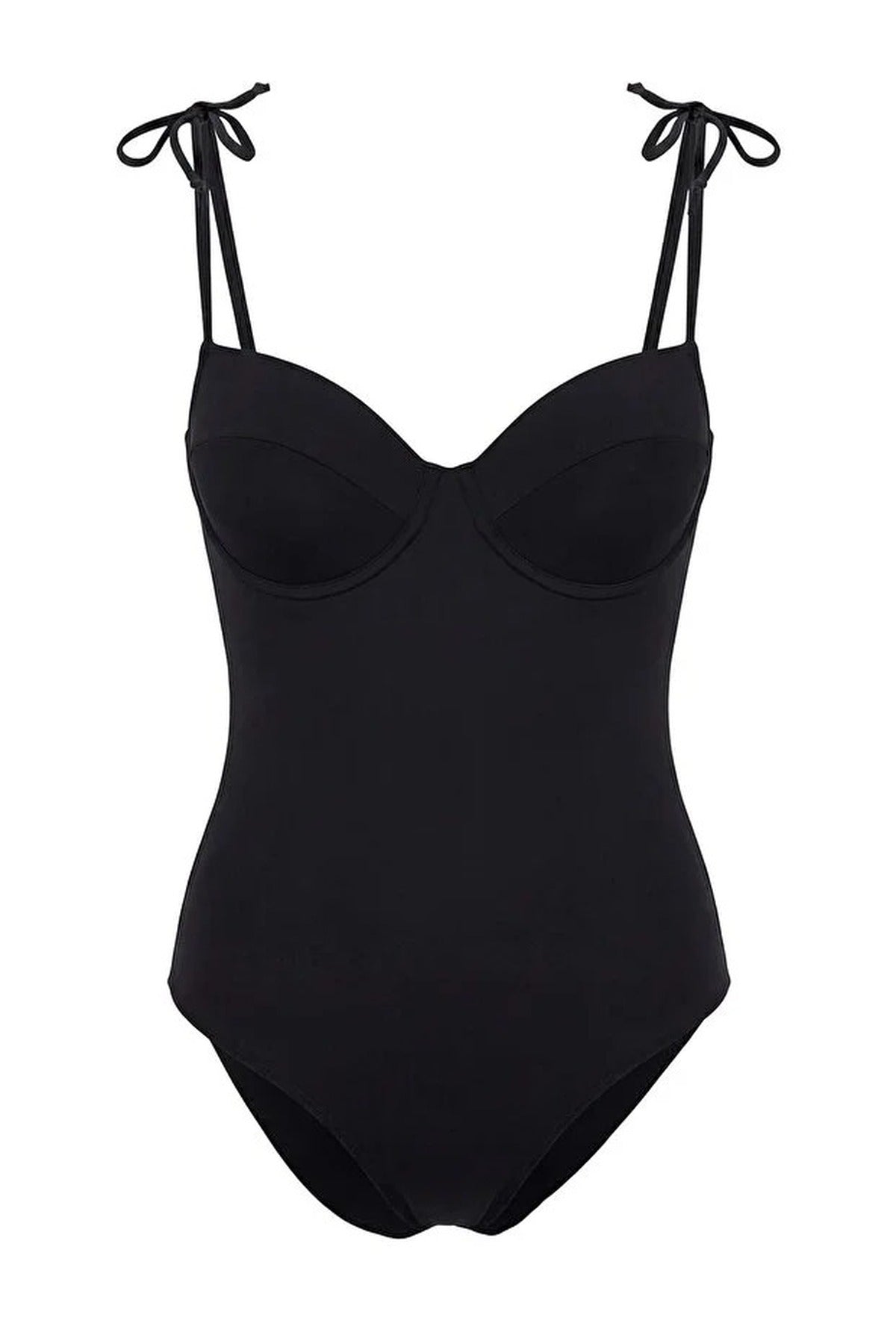 Black WOVCOR Black Underwired V Neck Tie Strap Swimsuit, Image 2 of 3