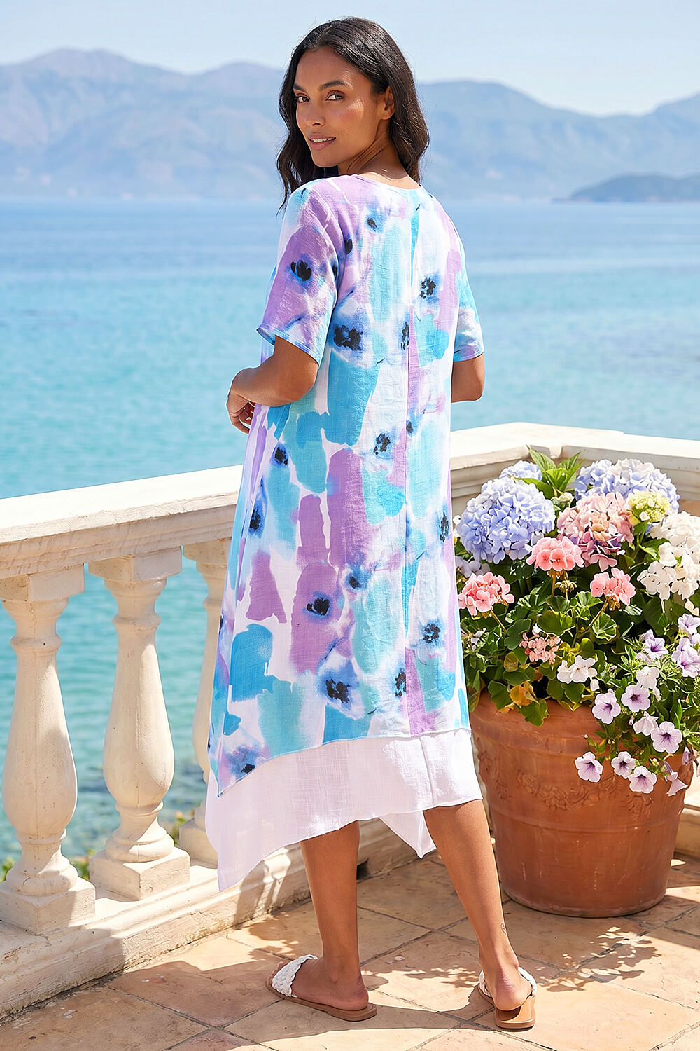 Blue Abstract Print Double Layer Shift Dress , Image 3 of 4