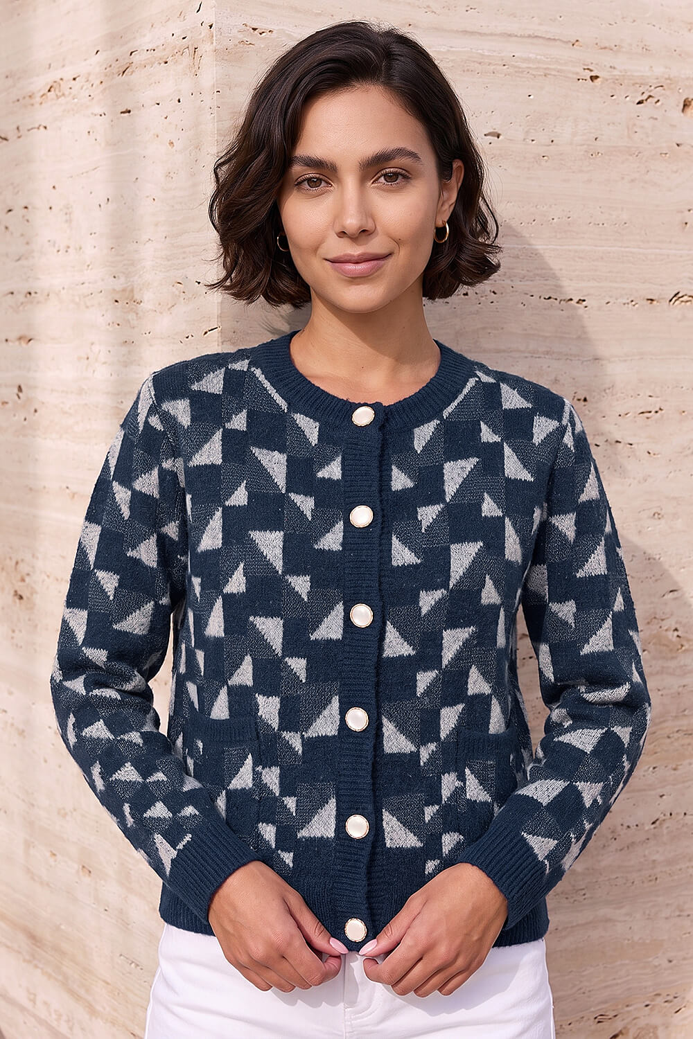 Navy Abstract Pattern Knit Cardigan, Image 1 of 4