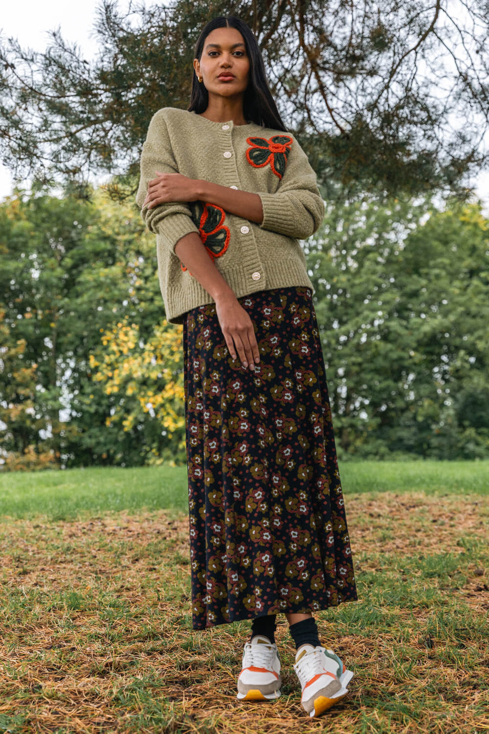 Black Floral Print Stretch Midi Skirt , Image 8 of 7