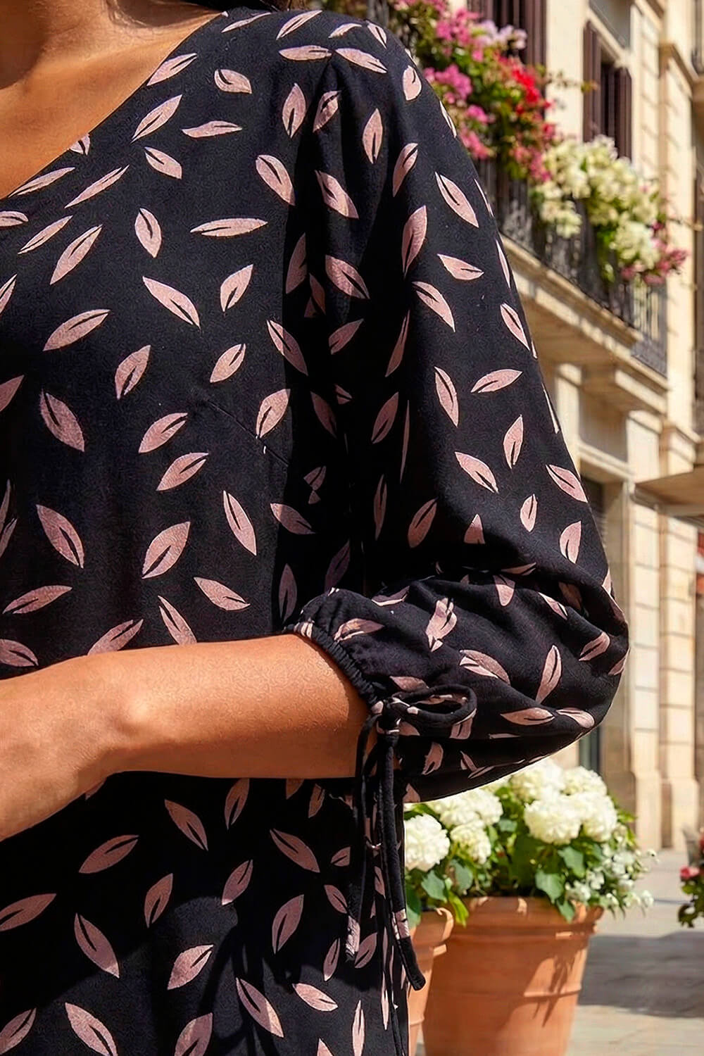 Black Leaf Print Banded Stretch Top, Image 5 of 4