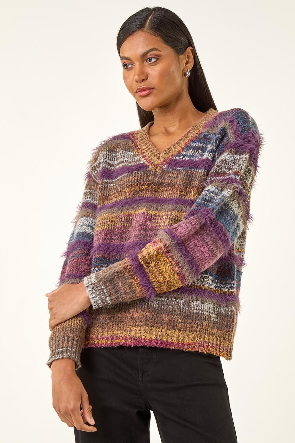 Purple Textured Stripe V-Neck Knit Jumper, Image 5 of 5