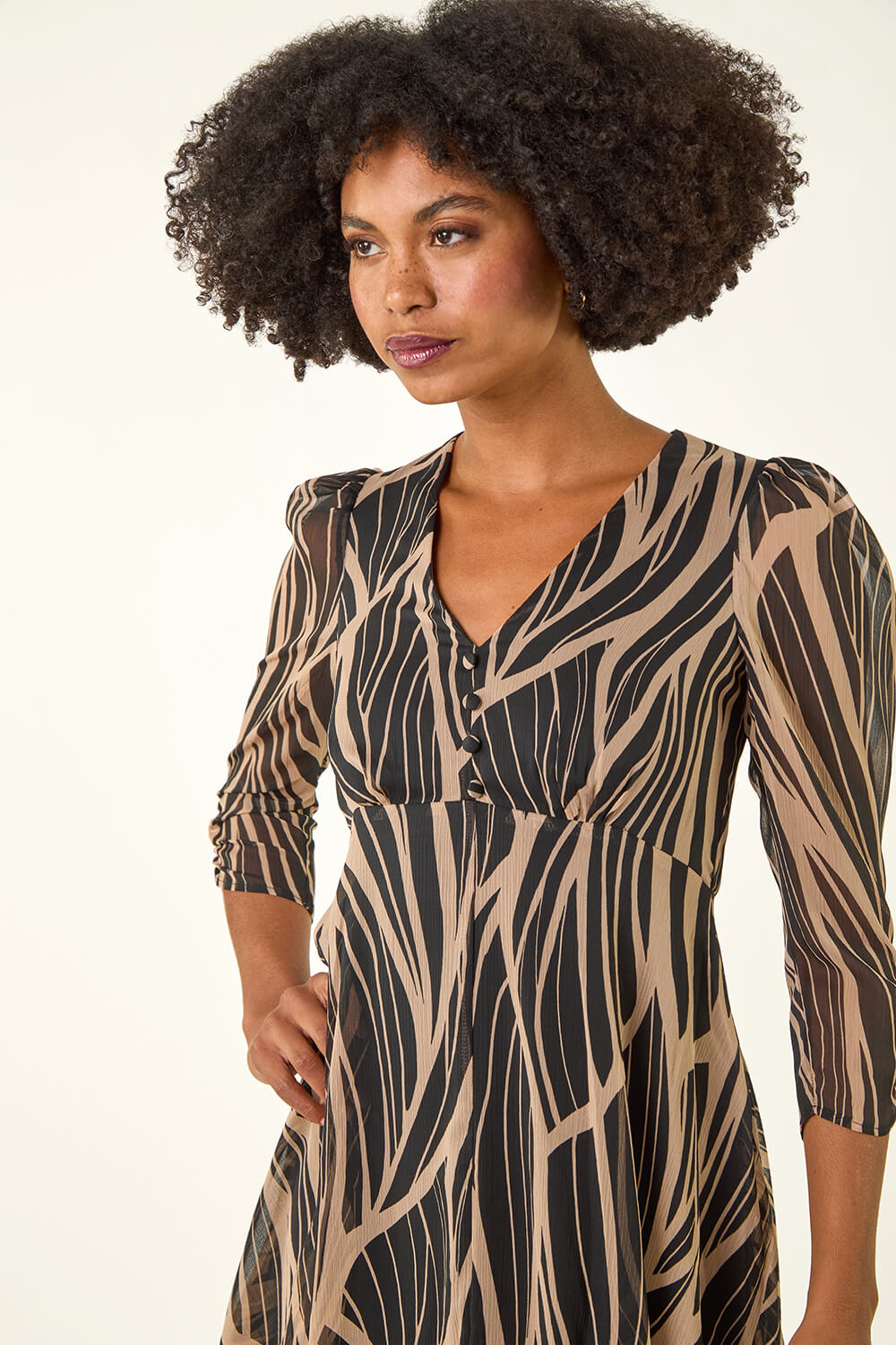 Black Abstract Chiffon Wrap Asymmetric Midi Dress, Image 5 of 5