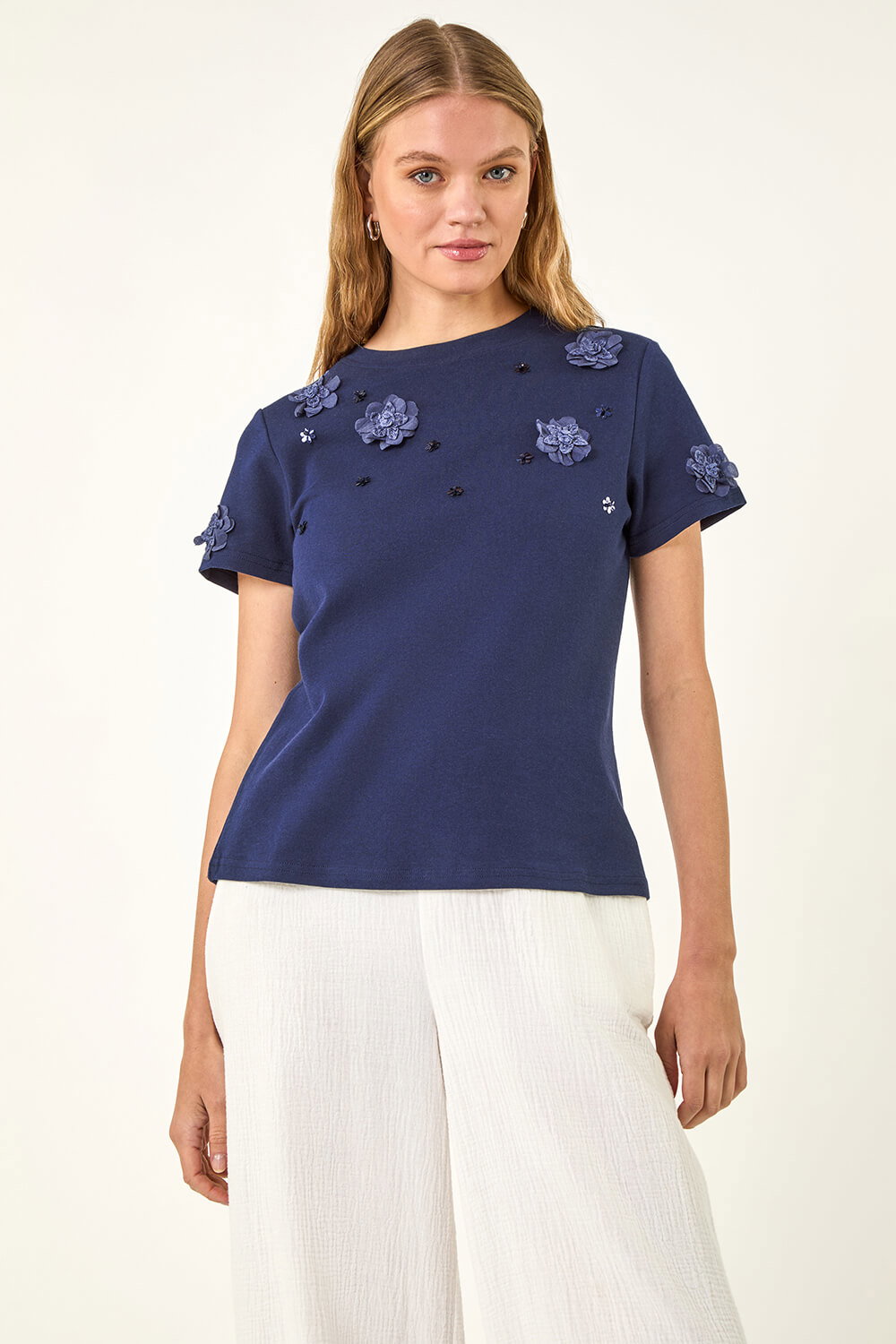 Petrol Blue Floral Applique T-shirt, Image 5 of 5