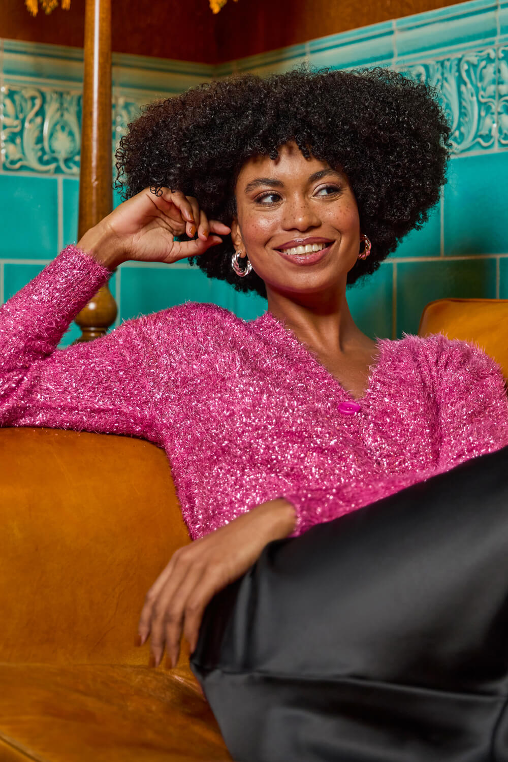 Cerise Buttoned Tinsel Knit Cardigan, Image 7 of 8