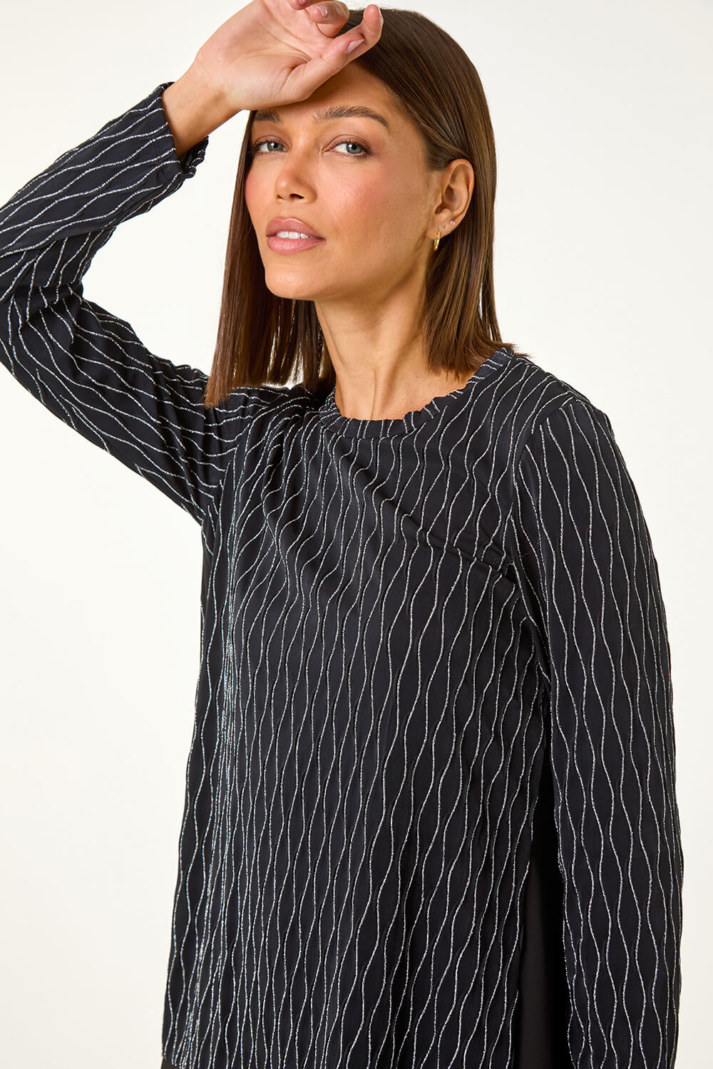 Silver Metallic Print Chiffon Hem Stretch Top, Image 5 of 5