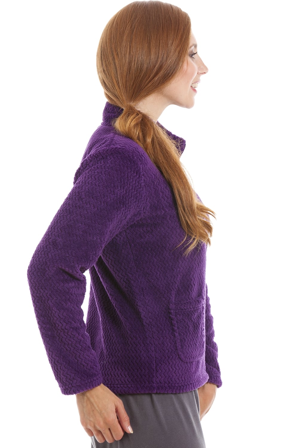 Purple Camille Lingerie Purple Zip Front Soft Textured Fleece Bed Jacket, Image 4 of 5