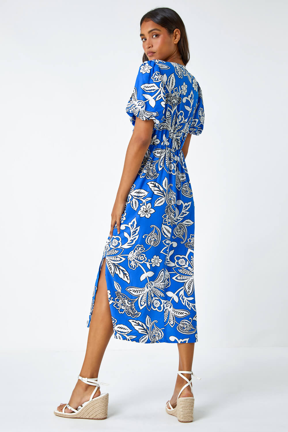 Royal Blue Bold Floral Stretch Midi Dress, Image 4 of 5