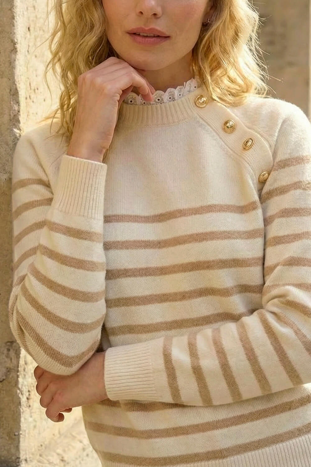 Ivory  Stripe Buttoned Shoulder Knit Jumper, Image 4 of 4