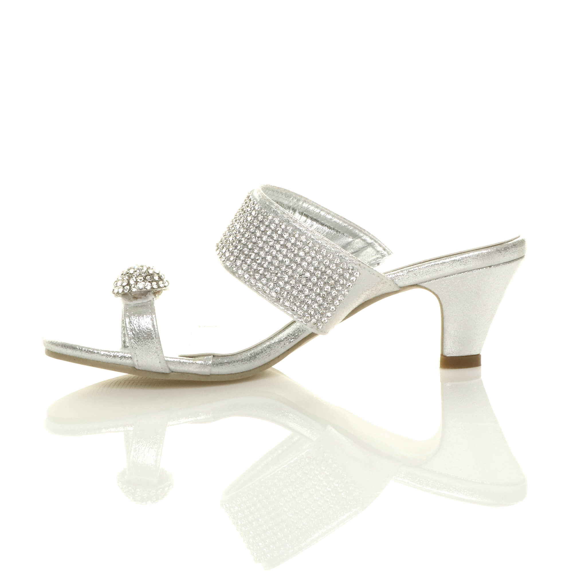 Silver AJVANI Silver Mid Heel Diamante Toe Ring Sandals, Image 3 of 5