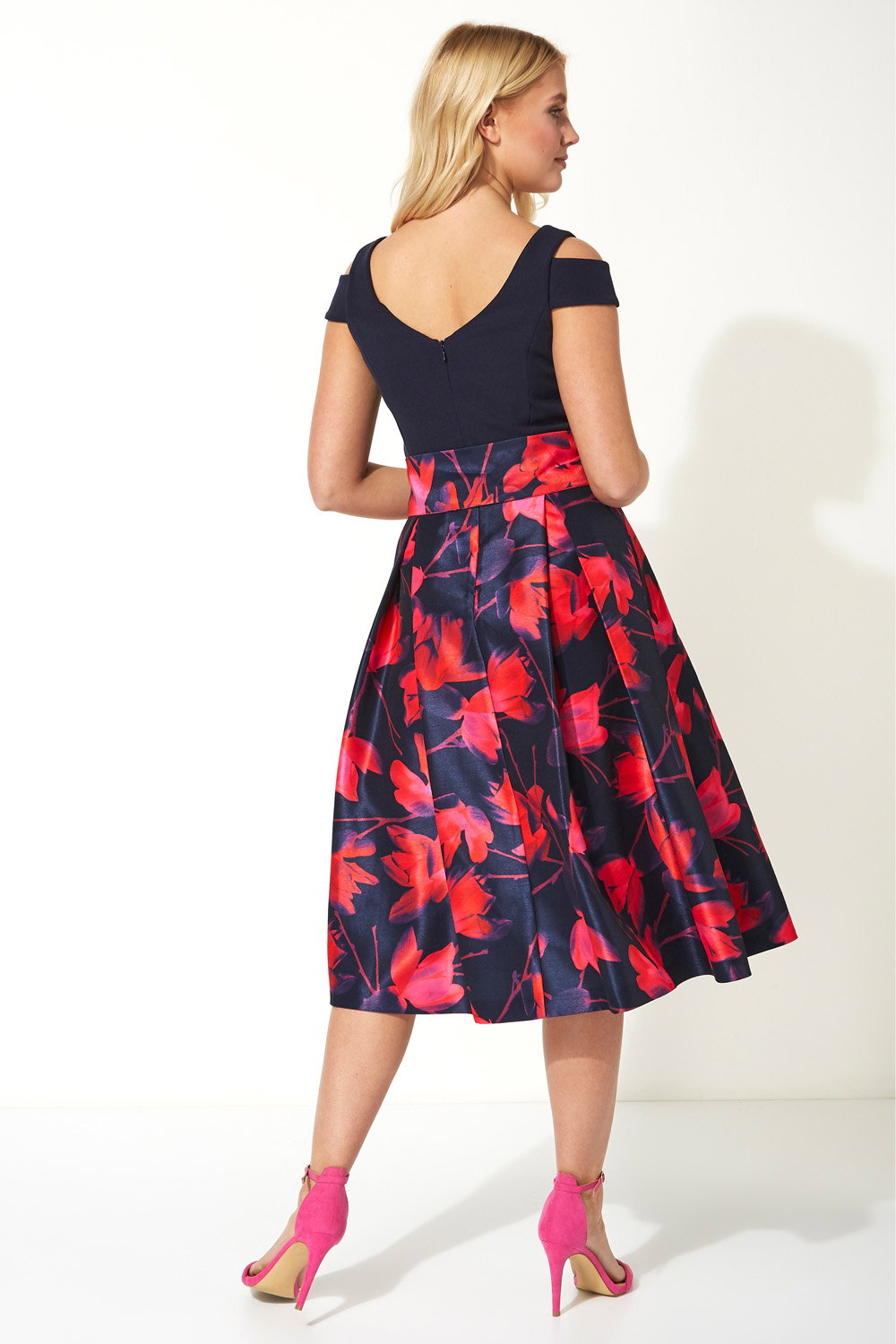 Navy Floral Print Cold Shoulder Midi Dress, Image 3 of 4