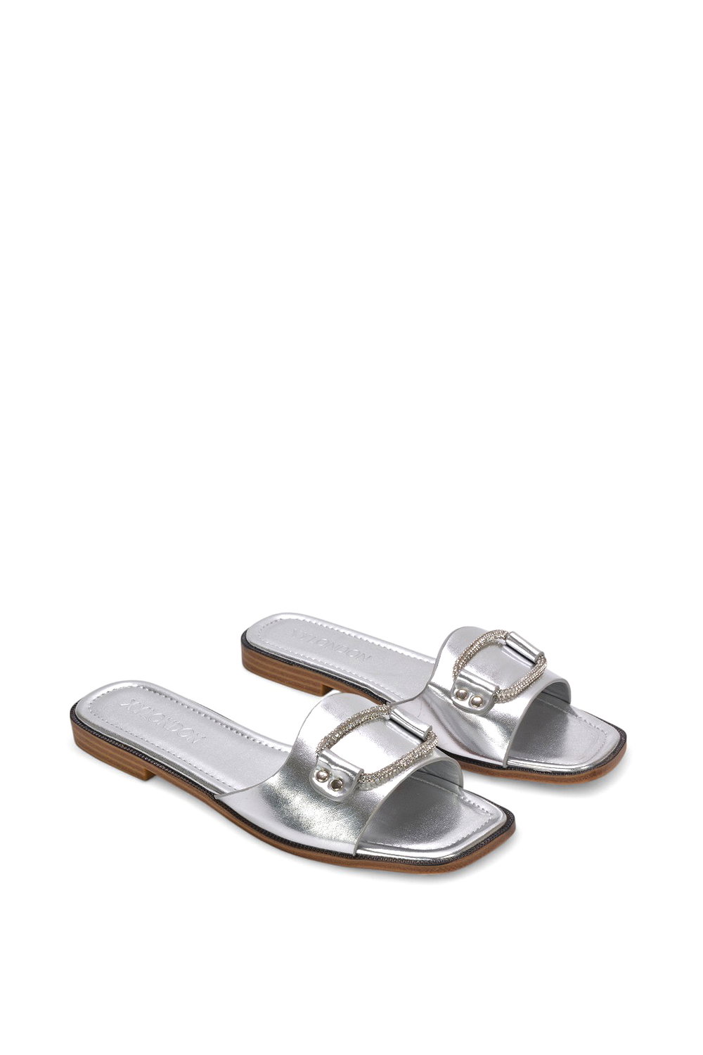 Silver XY LONDON Silver 'Annie' Sparkly Diamante Slip On Flat Slider Mule Sandals, Image 4 of 5