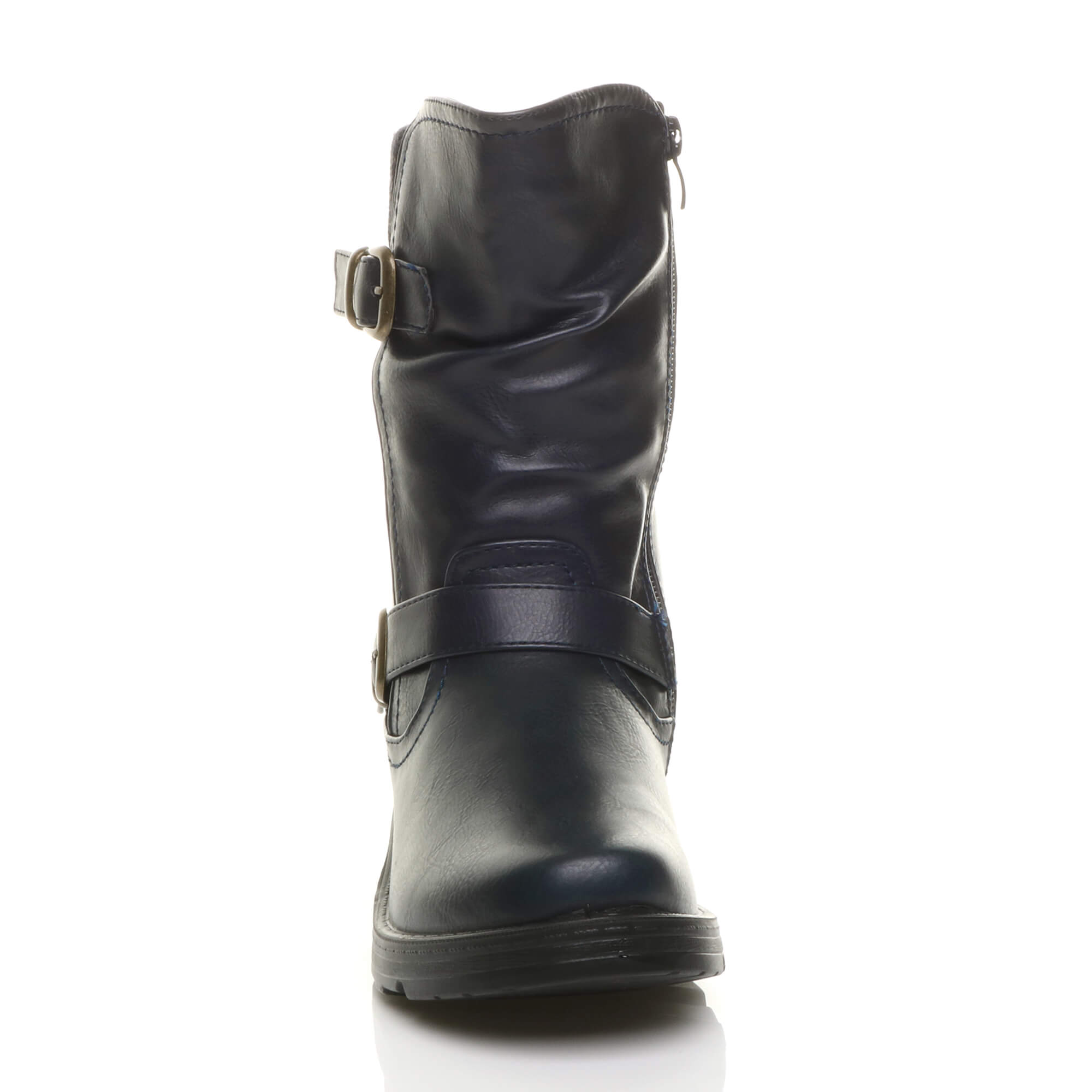 Navy Blue Low Wedge Heel Comfort Calf Biker Boots, Image 6 of 6