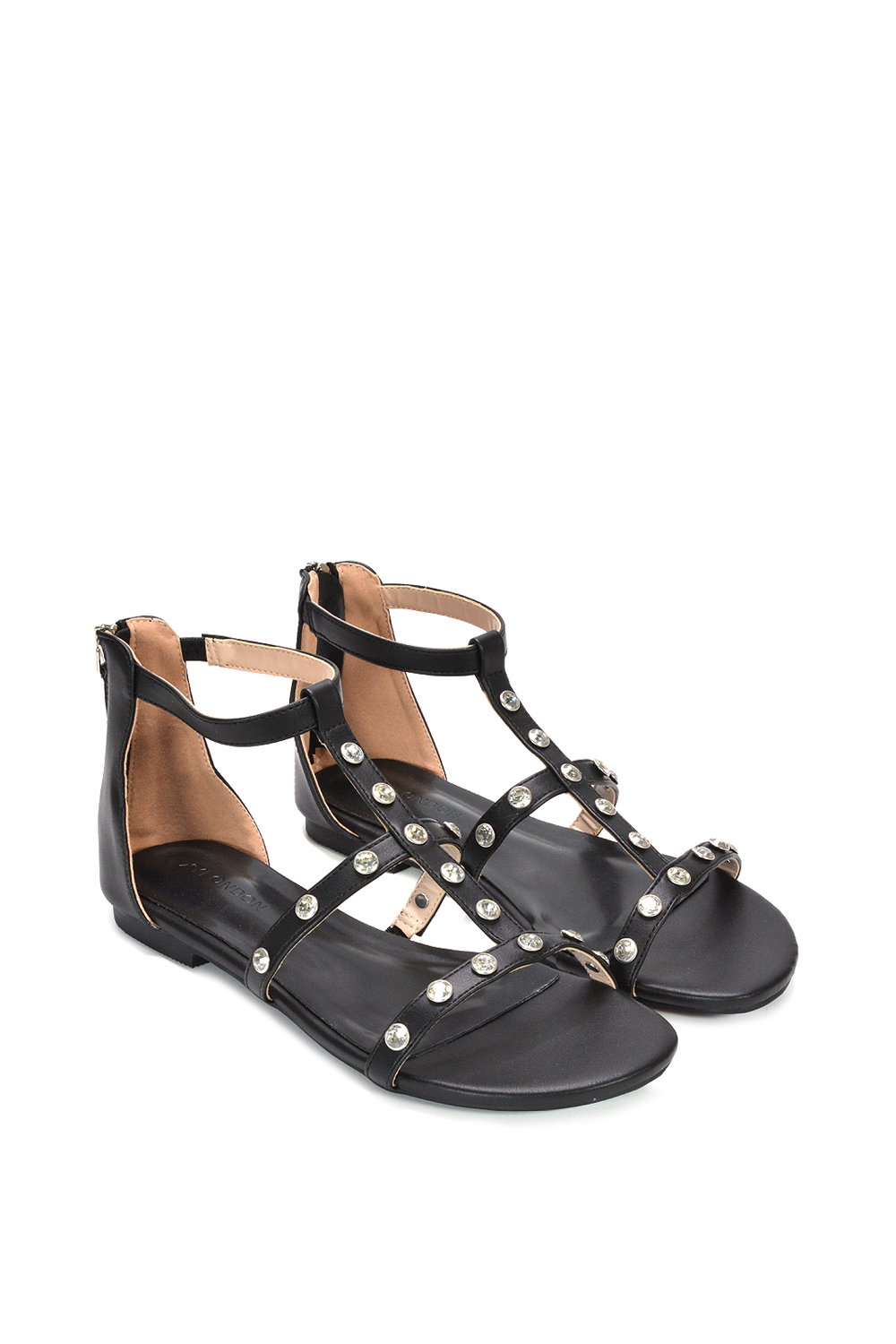 Black XY LONDON Black 'Julia' T-Bar Gladiator Sandals With Studded Details, Image 5 of 6