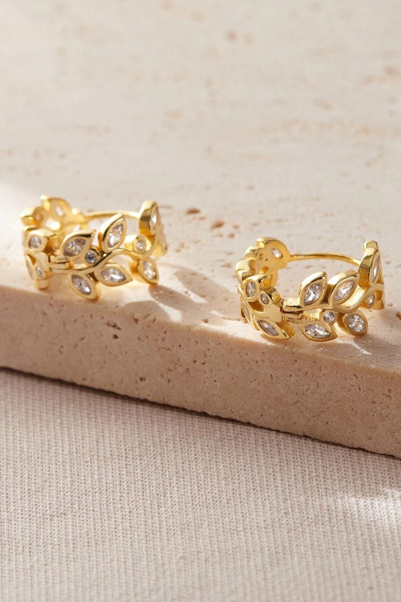 Gold Sterling Silver Olive Leaf CZ Sparkly Hoops, Image 3 of 3