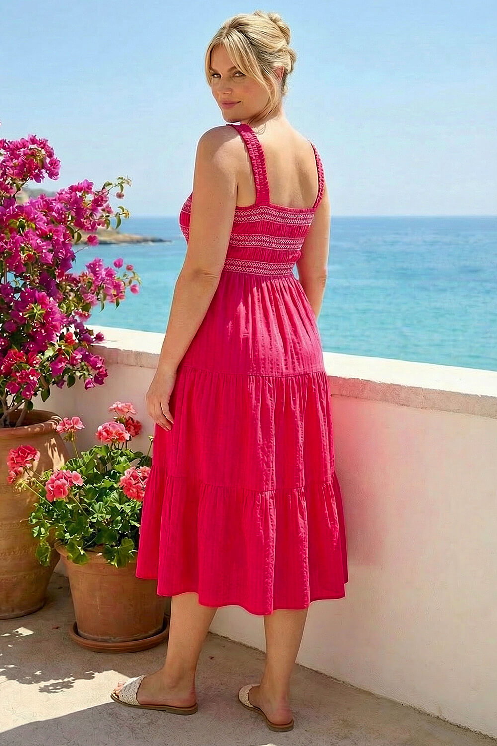 Pink Curve Strappy Shirred Midi Dress, Image 3 of 4