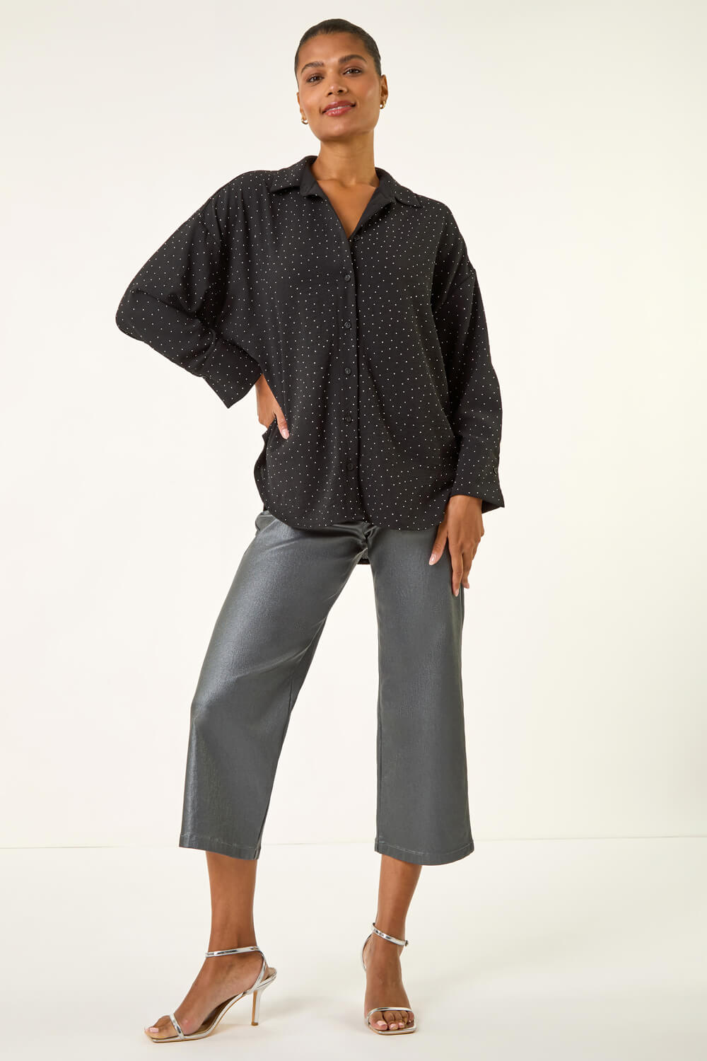 Black Hotfix Collared Longline Shirt, Image 3 of 5