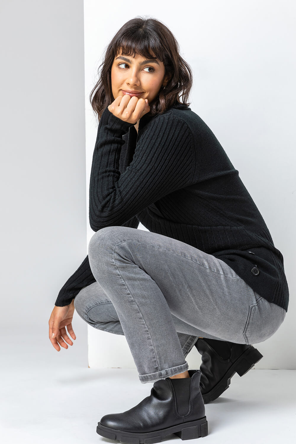 Black Longline Ribbed Overlap V-Neck Tunic Jumper, Image 6 of 5