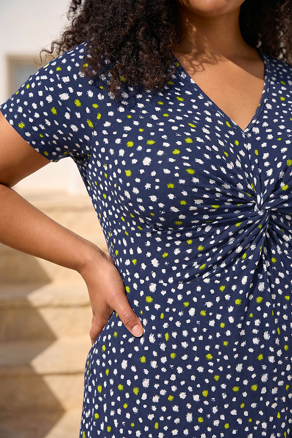Navy Curve Abstract Twist Front Stretch Midi Dress, Image 5 of 4