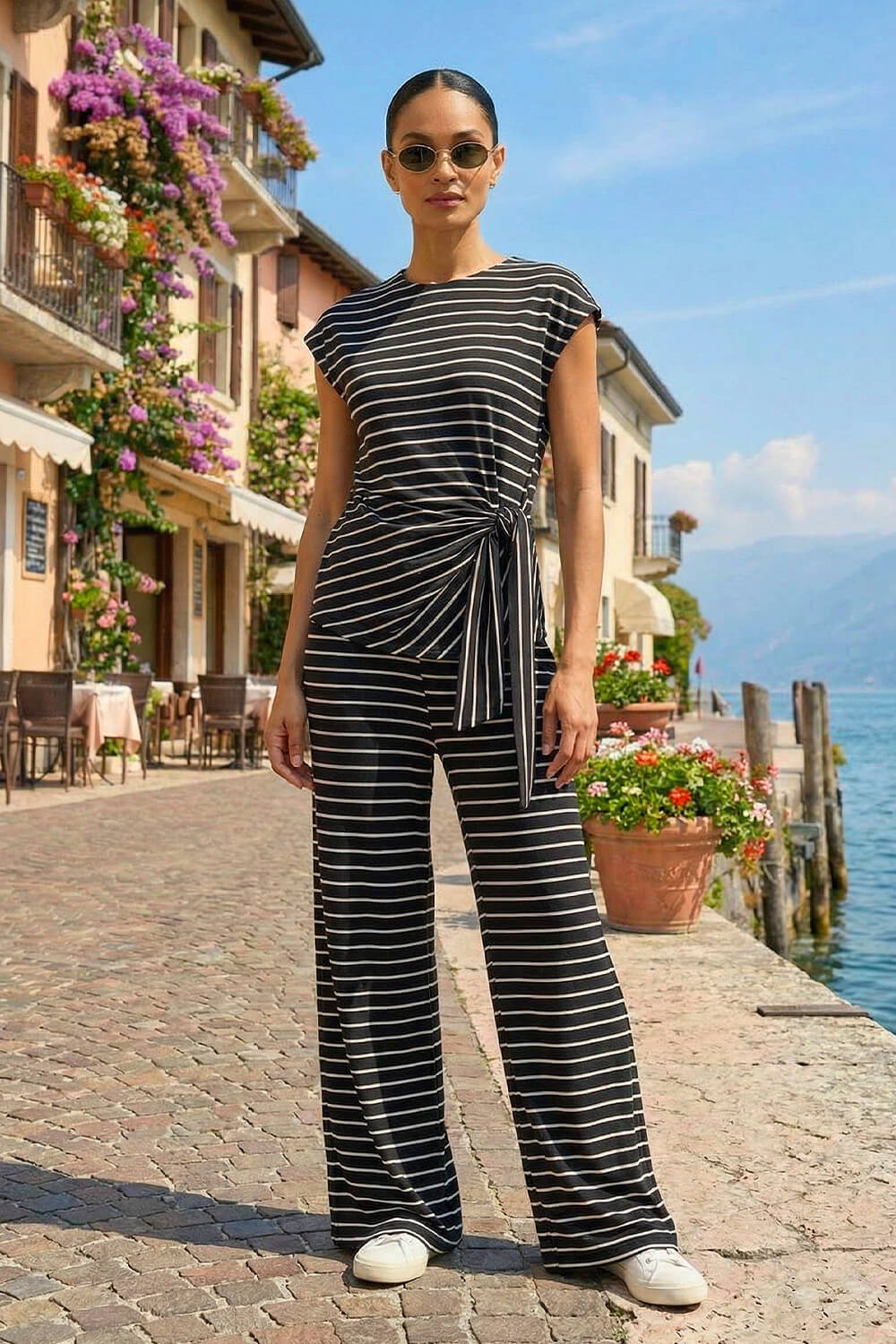 Black Dusk Stripe Wide Leg Stretch Trousers, Image 6 of 5