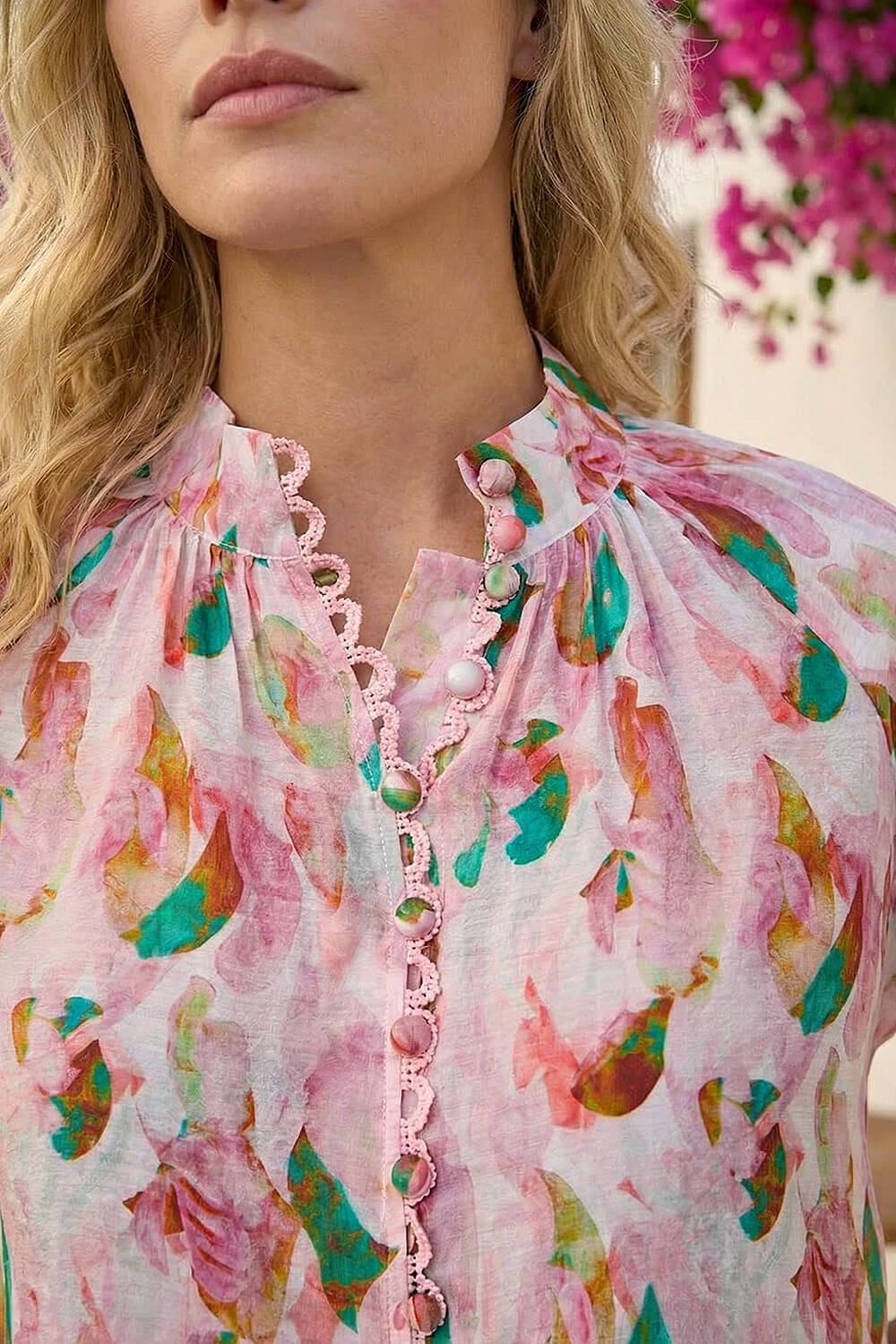 PINK Abstract Print Trim Detail Blouse, Image 5 of 4