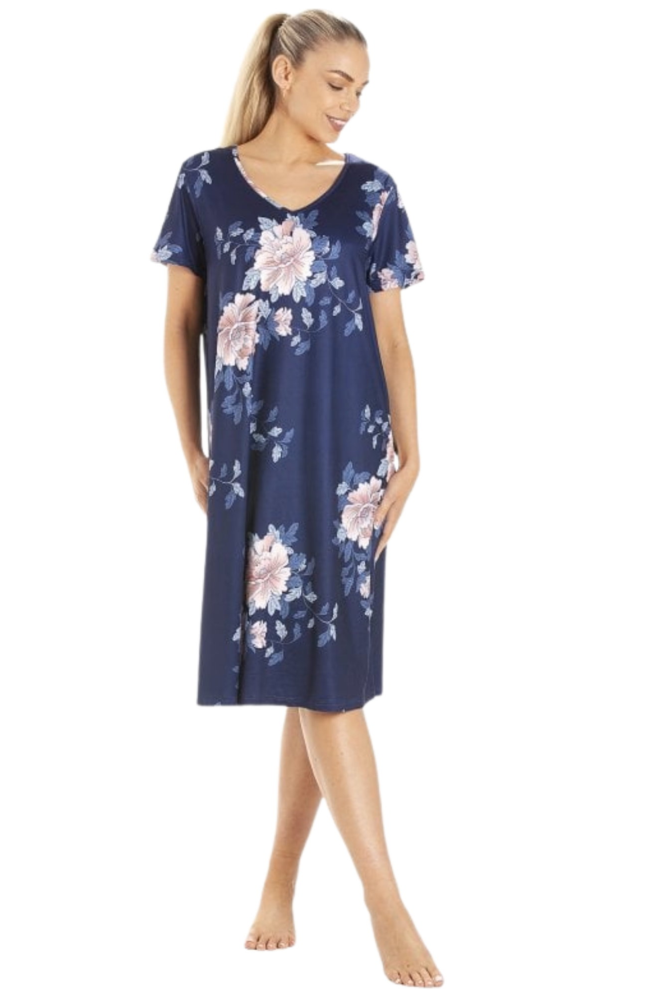 Navy Lightweight Floral Print Nightdress, Image 1 of 5