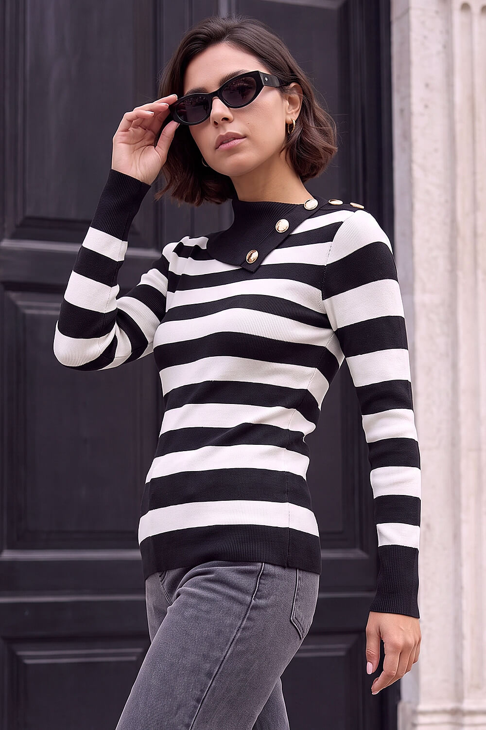 Roman  Black Button Stripe Knit Jumper Size 12