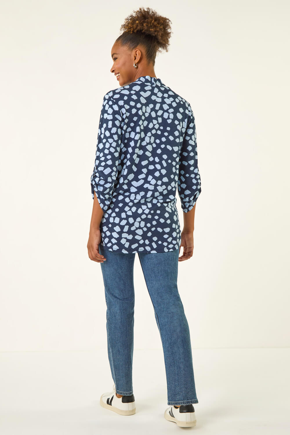 Navy Spot Print V-Neck Stretch Top, Image 4 of 5