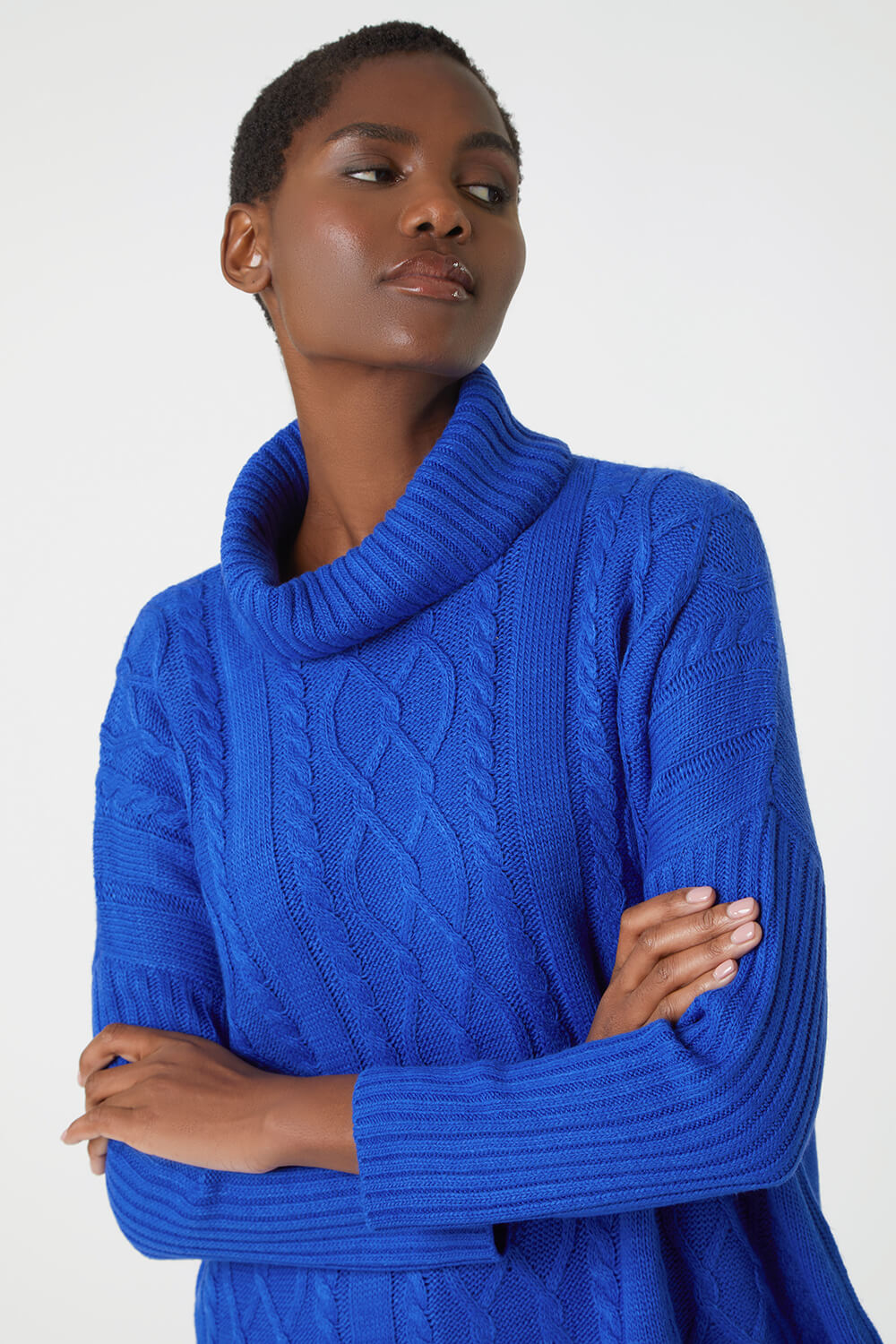 Blue Cable Knit Roll Neck Fringed Jumper, Image 6 of 6