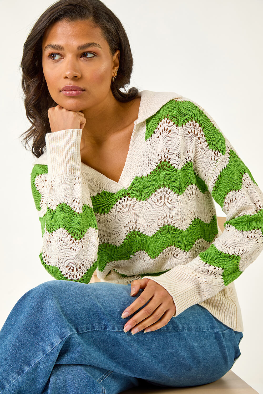 Green Wave Polo Knit Jumper , Image 1 of 5