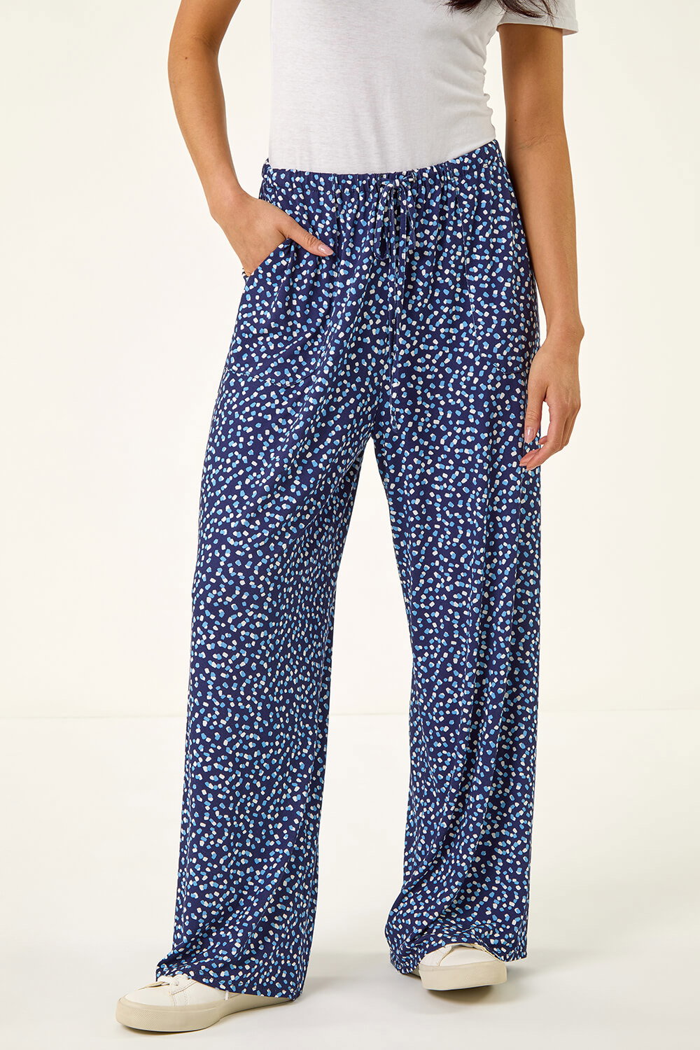 Navy Petite Spot Wide Leg Trouser, Image 5 of 5