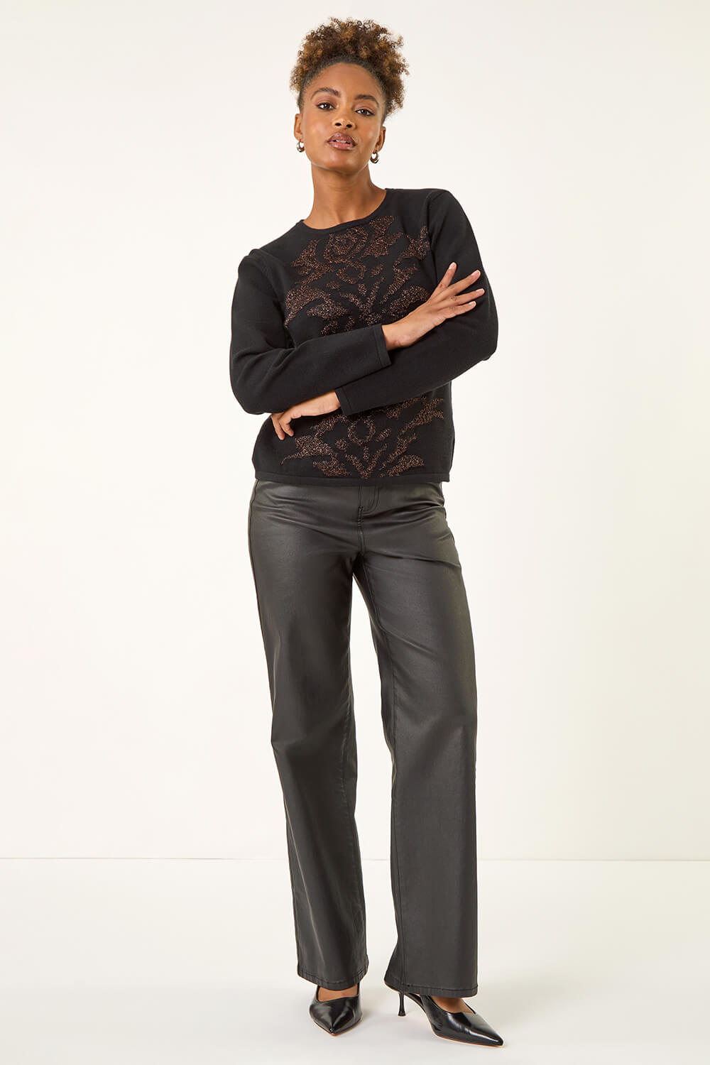 Black Glitter Embossed Knit Top, Image 3 of 5